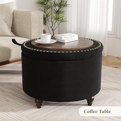 24 Inch Round Storage Ottoman,Modern Tufted Ottomans,Circular Coffee Table with Removable Top,Upholstered Large Ottoman with Storage Footrest Stool for Bedroom Living Room (Black)