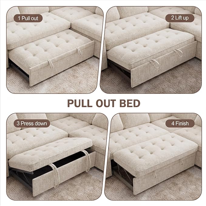 Sunny Heart Chenille Modular Sectional Sleeper Sofa with Pull Out Bed, L Shaped Sectional Sofa with USB Ports/Adjustable Backrest/Storage Seats, Tool-Free Assembly, Couches for Living Room Beige