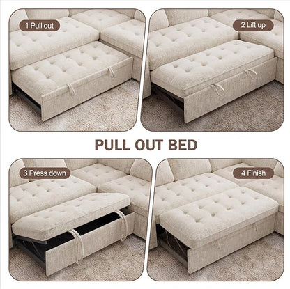 Sunny Heart Chenille Modular Sectional Sleeper Sofa with Pull Out Bed, L Shaped Sectional Sofa with USB Ports/Adjustable Backrest/Storage Seats, Tool-Free Assembly, Couches for Living Room Beige