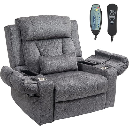 FUNECORP Big Man Power Lay Flat Lift Chair Oversized Recliner Dual Motor Heat Vibration for Elderly, Overstuffed Electric 28" Extra Wide Recliners with Flip Arm Storage Cup Holders,USB Type C Charging