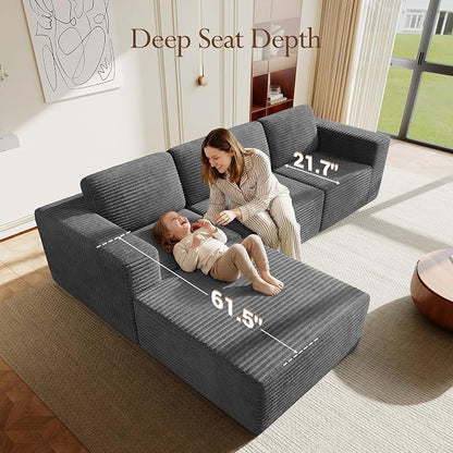 Vesgantti 119" L-Shaped Modular Sectional Sofa, Corduroy Cloud Couch with Deep Seating & Spring Support, Flexible Layout Sofa with Ottoman, Boneless Style, No Assembly Required, Grey