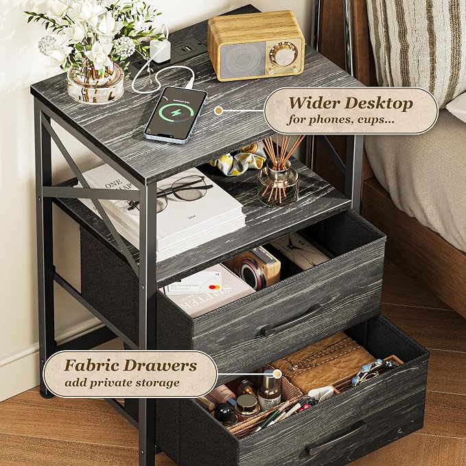 Huuger Nightstands Set of 2, Night Stand with Charger Station, 2 Drawer Side Table with Open Shelf, USB-C Port, End Table for Small Spaces, X Shaped Side Rail, Charcoal Black