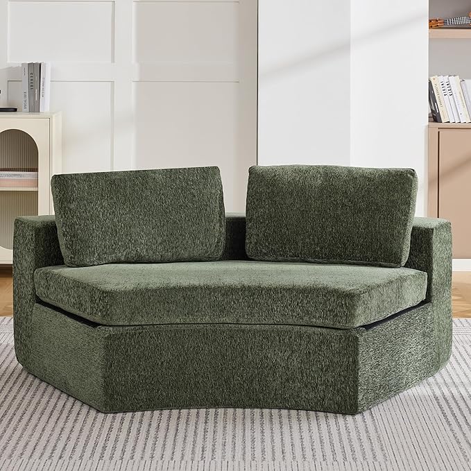 WUTUTUEE Curved Round Boneless Sofa, Oversized Modular Sectional Sofa with Deep Seat, Chenille Memory Foam Sofa with Pillows, Upholstered Comfy 2 Middle Seat Couch for Living Room, Green