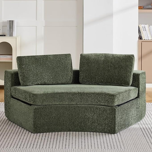 WUTUTUEE Curved Round Boneless Sofa, Oversized Modular Sectional Sofa with Deep Seat, Chenille Memory Foam Sofa with Pillows, Upholstered Comfy 2 Middle Seat Couch for Living Room, Green