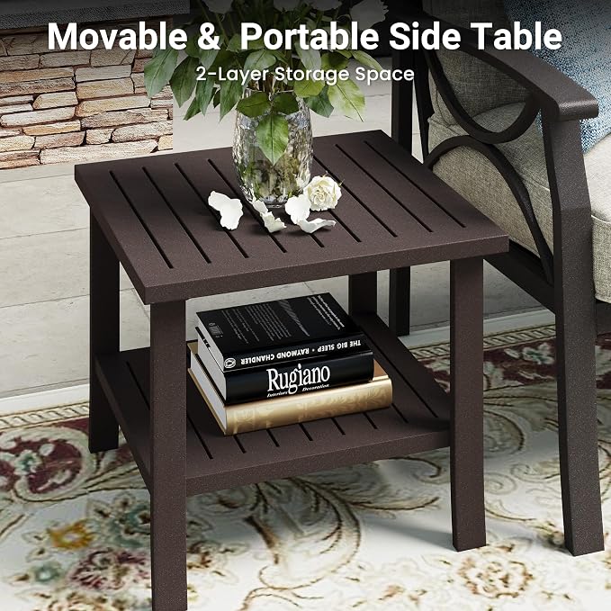 RoyalCraft Outdoor Patio Furniture Set, 3 Pieces Metal Patio Conversation Set with Side Table for Porch Garden Backyard, Beige