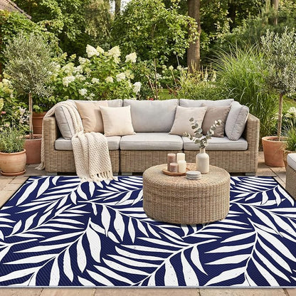 Smiry Outdoor Rug 8x10 ft, Waterproof Reversible Plastic Straw Rugs, Outdoor Area Rug with Leaf Pattern, Outside Floor Mat for Patio, Backyard, Deck, Picnic, Beach, Camping, Navy & White