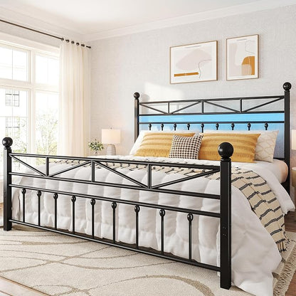 EnHomee 14.2" King Bed Frame with Tall Headboard & Footboard, Metal Bed Frame with Strong Slats Support and Noise-Free Design，Under Bed Storage，No Box Spring Needed，Black