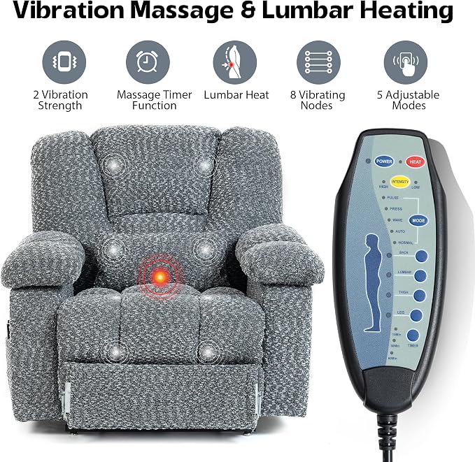 JIKFRIMA Big Man Recliner 500lbs Power Lift Recliner Chair for Big Tall Elderly Adults Oversized Lay Flat Lift Recliner with Extended Footrest,Heat Massage,Flip Arm Storage Cup Holders,USB Type C