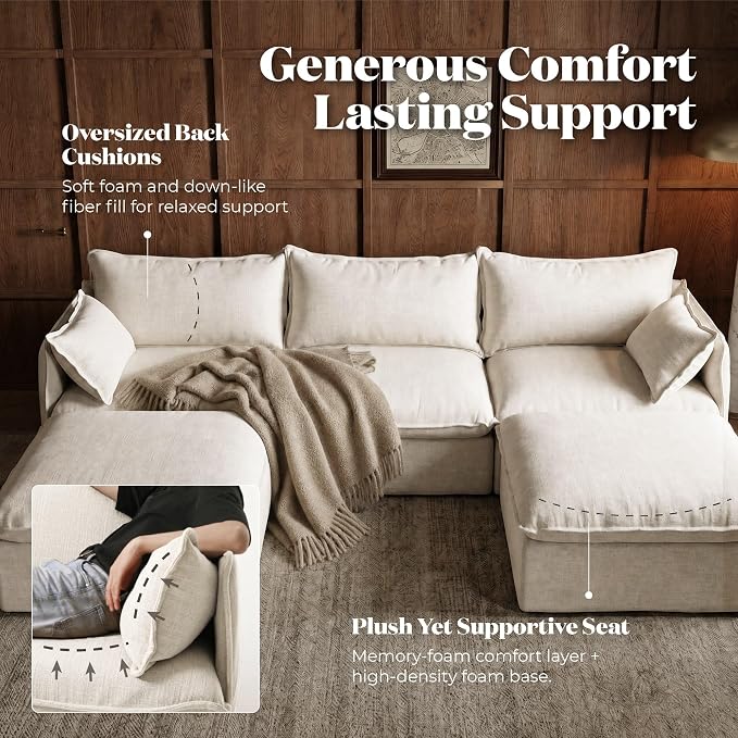 Cloud Modular Hosting Sectional, Oversized Deep Seat Comfort, Linen Blend | Fully Removable Washable Covers, Memory Foam Seat Cushions, Storage Ottoman, Premium Fabric