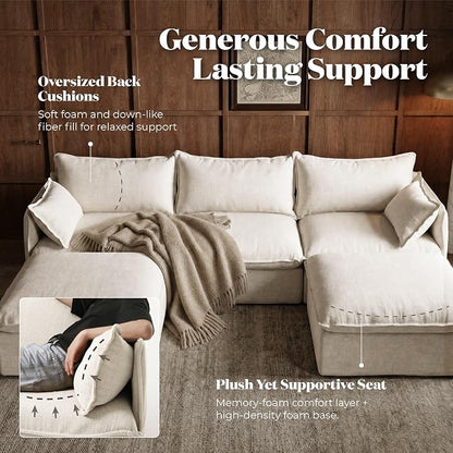 Cloud Modular Corner Sectional, Oversized Deep Seat Comfort, Linen Blend | Fully Removable Washable Covers, Memory Foam Seat Cushions, Storage Ottoman, Premium Fabric