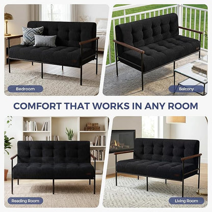MAXYOYO Living Room Accent Chair, Loveseat Sofa Chair with Sturdy Metal Frame & Wood Armrests, Button Tufted Upholstered Small Couch Modern Love Seat for Bedroom Office, Black
