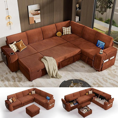Vipbear 111" Modular Sectional Sleeper Sofa with Pull Out Bed, 7 Seat Corduroy L Shaped Couch with Ottoman|USB Ports|Cup Holders|Side Table|Storage Armrest, Tool Free Assembly, Orange