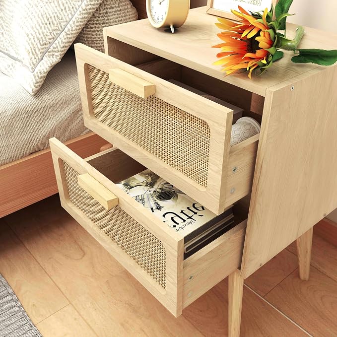 YAUKOMEL Rattan Nightstand, Wood End Table, Side Table with 2 Hand Made Rattan Decorated Drawers,Boho Bedside Table,Wood Accent Table with Storage for Livingroom, Bedroom, Natural CTG59Y