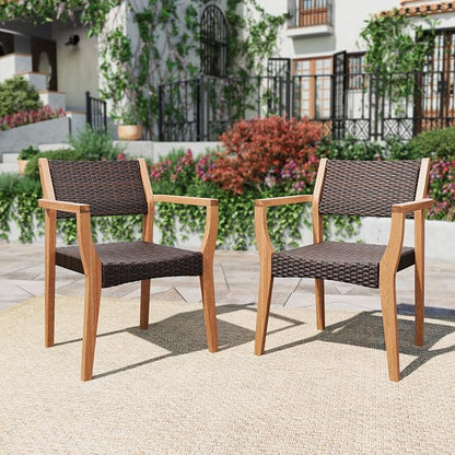 PHI VILLA Outdoor Acacia Wood Chairs Set of 2, Heavy-Duty Patio Dining Armchairs with Wicker Back & Seat, Farmhouse Style Teak Seating Furniture for Deck, Yard, Balcony