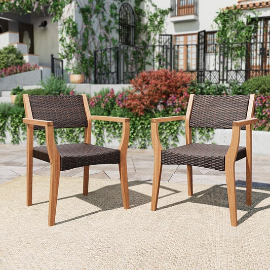 PHI VILLA Outdoor Acacia Wood Chairs Set of 2, Heavy-Duty Patio Dining Armchairs with Wicker Back & Seat, Farmhouse Style Teak Seating Furniture for Deck, Yard, Balcony