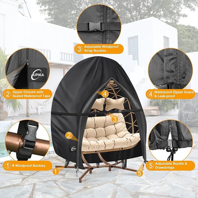 Kipiea Patio Egg Chair Covers Waterproof, 500D Upgraded Outdoor Hanging Egg Chair Covers with Waterproof Zipper, Double Seat Swing Egg Chair Cover, Windproof, Anti-UV, No Tears (Up to 80" W x 91" H)