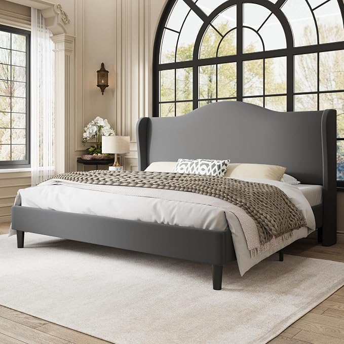 Allewie King Size Bed Frame, Upholstered Wingback Platform with 47" Tall Tufted Headboard, Plush Velvet Fabric, Modern Minimalist Design, No Box Spring Required, Tool-Free Assembly, Grey