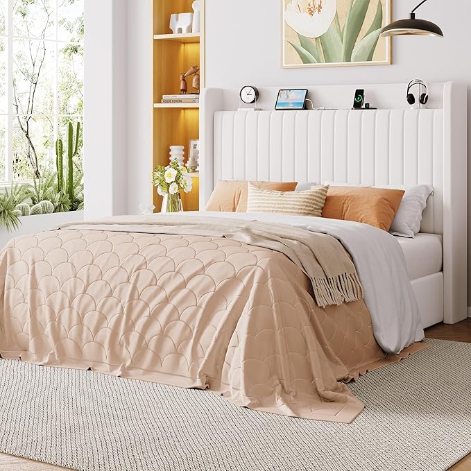 Allewie Full Size Lift Up Storage Bed Frame,Storage Shelf Headboard with Charging Station,Type-C and USB Ports,Hydraulic Support,Velvet Upholstered Bed Frame,No Box Spring Needed,White