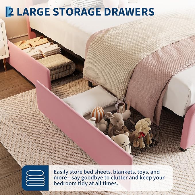 Garvee Full Size Bed Frame with 2 Storage Drawers and LED Lights, Upholstered Platform Full Bed with Adjustable Headboard, Wooden Slats Support, No Box Spring Needed, Easy Assembly, Pink