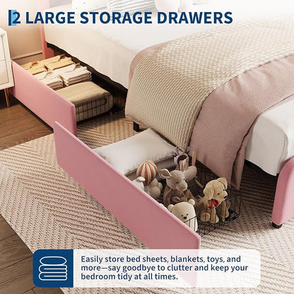 Garvee Twin Size Bed Frame with 2 Storage Drawers and LED Lights, Upholstered Platform Twin Bed with Adjustable Headboard, Wooden Slats Support, No Box Spring Needed, Easy Assembly, Pink