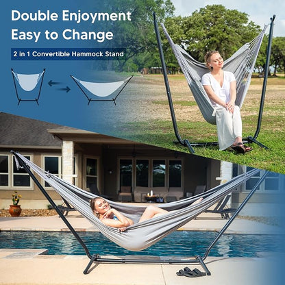 SUNCREAT 2-in-1 Convertible Extra Large Hammocks with Stand, Heavy Duty 2 Person Hammock for Outside with Stand, Patented, Light Gray