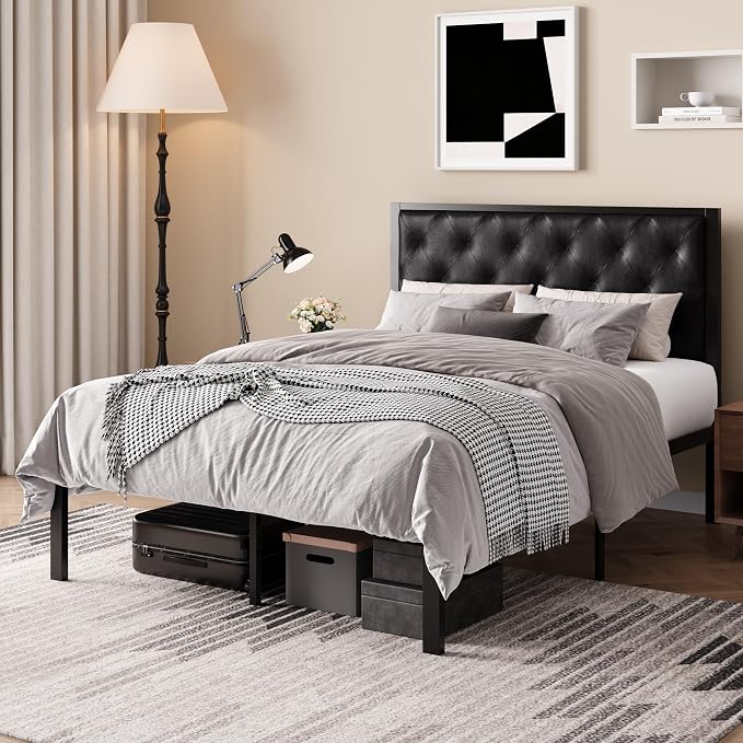 SHA CERLIN Queen Size Metal Bed Frame with PU Tufted Headboard, Black | Modern Design Heavy-Duty Platform Bed, No Box Spring Need, PU Leather Upholstery, Noise Free, Easy Assembly