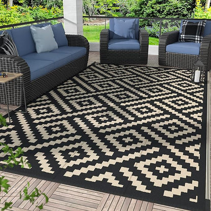 GENIMO Outdoor Rug for Patio Clearance,9'x12' Waterproof Large Mat,Reversible Plastic Camping Rugs,Rv,Porch,Deck,Camper,Balcony,Backyard (Black & Beige)