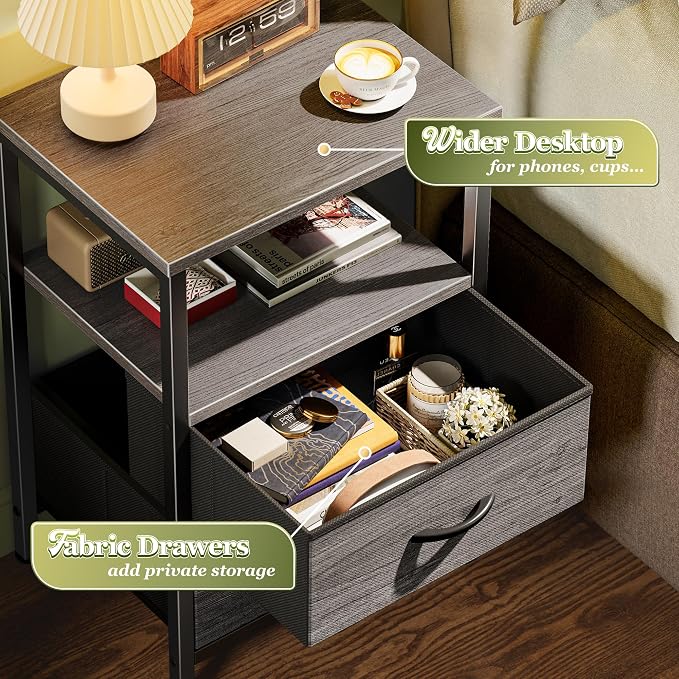 Huuger Night Stand Set of 2, Nightstand with 2 Drawers, Bed Side Table with Open Shelf, Wooden Top, End Table, Fabric Drawer, for Bedroom, Gery
