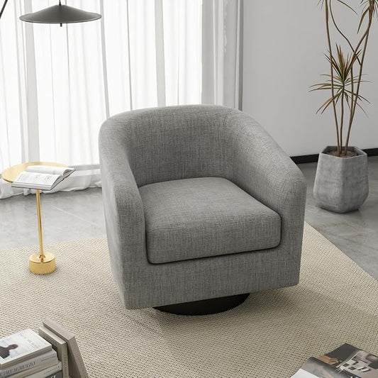 360° Swivel Accent Chair, Fabric Barrel Club Chair Upholstered Armchair for Living Room, Round Arm Chair Bedroom Single Sofa Reading Seat - Flax Gray