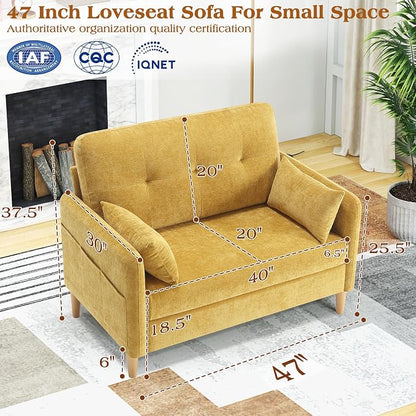 Hanherry Loveseat Sofa, 47” Small Couch for Living Room, Comfy Chenille Fabric Love Seat for Bedroom with Throw Pillow,Removable Cushion Cover,Couches for Small Space,Apartment,Dorm