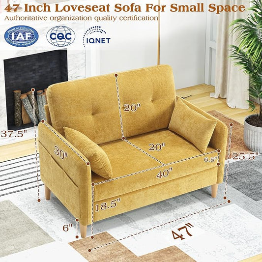 Hanherry Loveseat Sofa, 47” Small Couch for Living Room, Comfy Chenille Fabric Love Seat for Bedroom with Throw Pillow,Removable Cushion Cover,Couches for Small Space,Apartment,Dorm