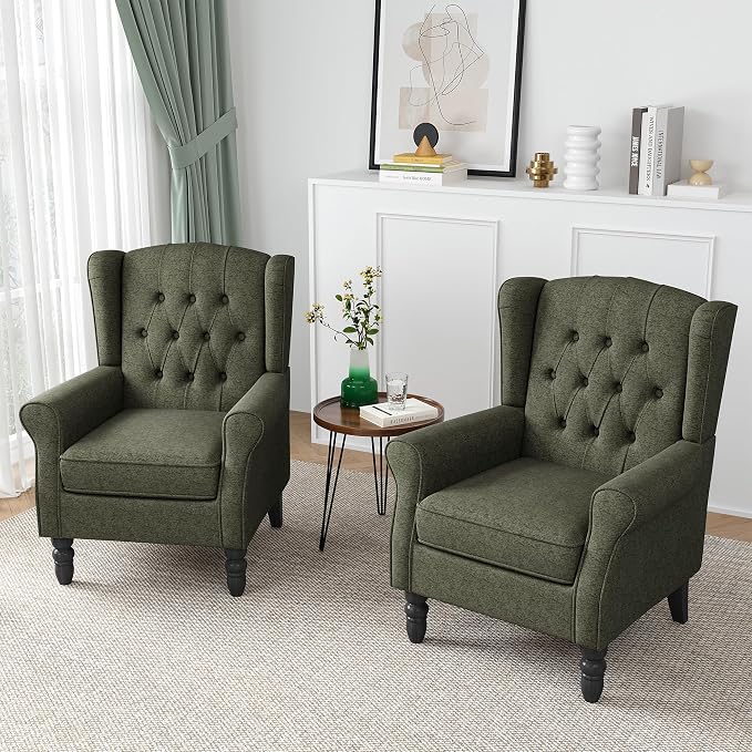 Wingback Accent Chair, Button-Tufted High Back Armchair for Living Room, Upholstered Wingback Chair with Solid Wood Legs, Comfy Single Sofa Reading Chair for Bedroom, Green
