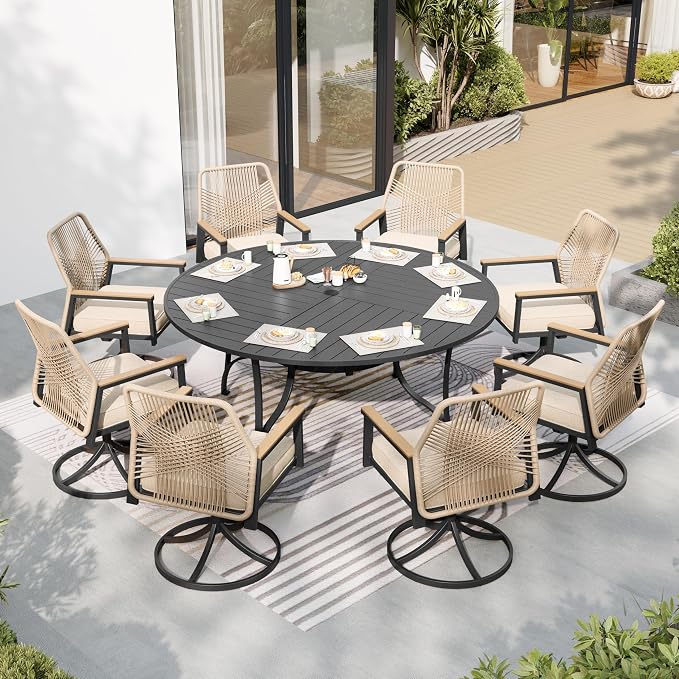 Patio Dining Set 9 Piece, 8 x Woven Rattan Swivel Chairs with Waterproof Cushion, 67" Round Metal Dining Table with Umbrella Hole, Outdoor Table and Chairs Set for Backyard Lawn and Deck, Beige