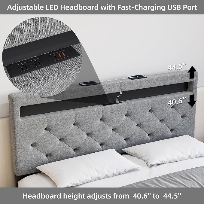 IDEALHOUSE Full Size Bed Frame, LED Bed Frame with Fast-Charging USB Port, Upholstered Platform Bed Frame with Adjustable Headboard, Strong Support Slats, Noise Free, Easy Assembly, Gray