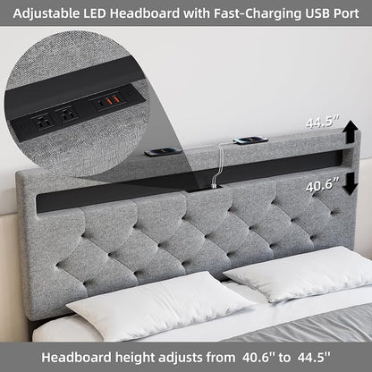 IDEALHOUSE Full Size Bed Frame, LED Bed Frame with Fast-Charging USB Port, Upholstered Platform Bed Frame with Adjustable Headboard, Strong Support Slats, Noise Free, Easy Assembly, Gray
