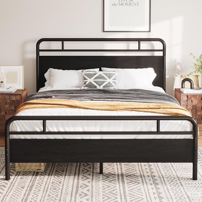 Allewie Full Size Platform Bed Frame with Wooden Headboard and Footboard, Heavy Duty 13 Metal Slats Support, Under-Bed Storage, No Box Spring Needed, Noise Free, Easy Assembly, Black Oak
