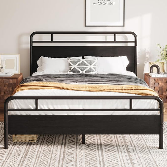 Allewie Full Size Platform Bed Frame with Wooden Headboard and Footboard, Heavy Duty 13 Metal Slats Support, Under-Bed Storage, No Box Spring Needed, Noise Free, Easy Assembly, Black Oak