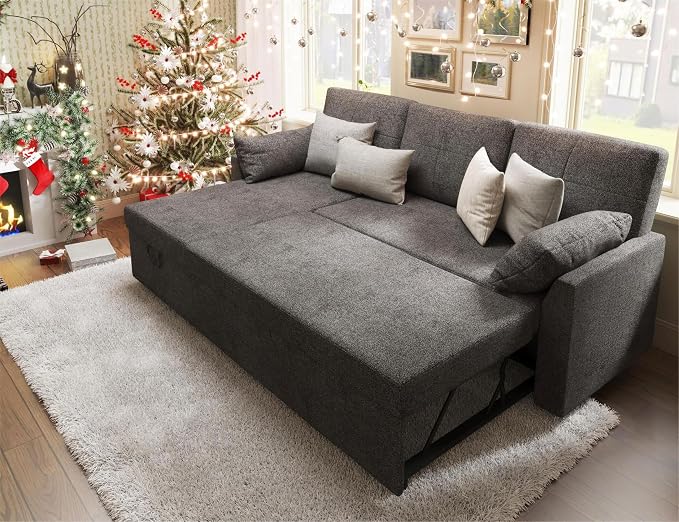 PaPaJet Sofa Bed, Sleeper Sofa with Storage Chaise, L Shaped Sofa with Pull Out Bed, Oversized Sofas for Living Room, Gray