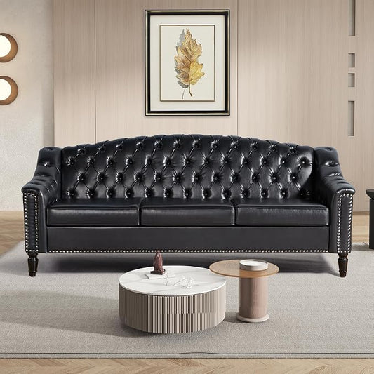 LEVNARY Mid-Century Modern Leather Couch, 80" Large Upholstered Sofa with High Back, Chesterfield Sofa Sleeper Settee with Solid Wood Legs, Tufted 3 Seater Wide Couches for Living Room Office (Black)