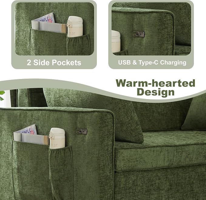 Tbfit 57" Loveseat Sleeper Convertible Sofa Bed, Futon Couch with Pullout Bed, USB & Adjustable Backrest, Chenille Full Size Pull Out Couches for Living Room, Apartment, Office, Dorm, RV, Green