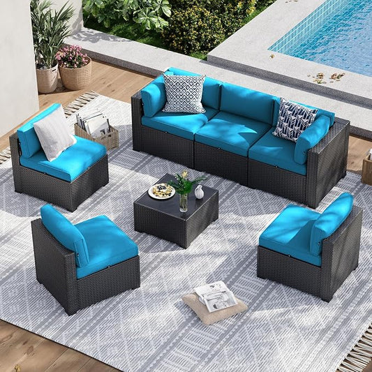 Aoxun 7 Piece Patio Furniture Set, Wicker Rattan Patio Sectional Sofa, Outdoor Furniture Set with Thickened Cushion, Peacock Blue