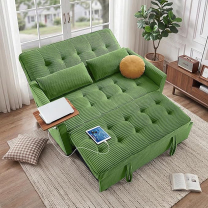 Sleeper Sofa Bed, 54'' Convertible Pull Out Couch with Small Table| USB Port | Stand Table| Corduroy Fabric | Adjustable Backrest for Apartment, Office, Bedroom, Guest Room(Green)