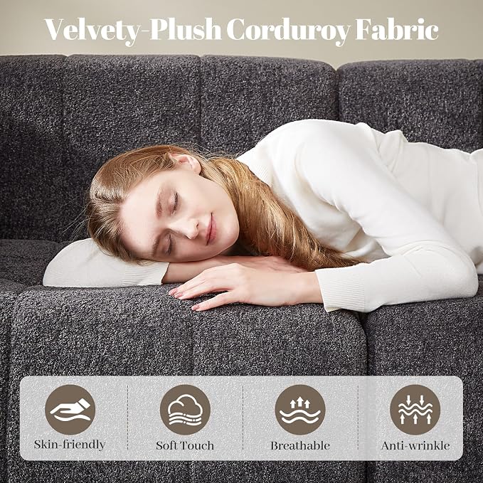 Modular Sectional Sofa with Deep Seat, 98'' Seater Boneless Cloud Couch No Assembly Required, Modern Plush Corduroy Cloud Couches for Living Room & Apartment (3 Seat w/ 2 Ottoman), Grey