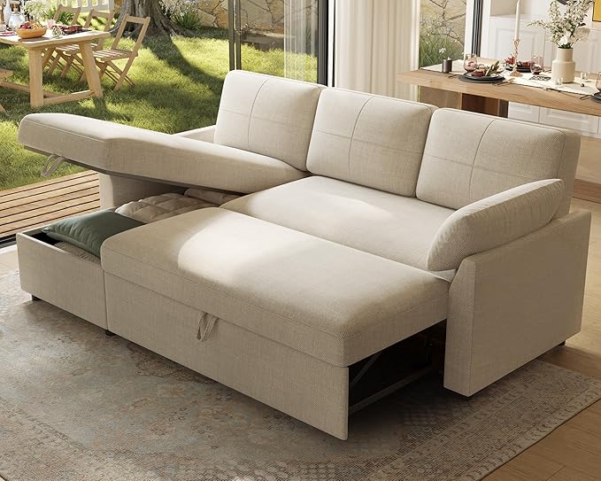 PaPaJet Sofa Bed, Sleeper Sofa with Storage Chaise, L Shaped Sofa with Pull Out Bed, Oversized Sofas for Living Room, Beige