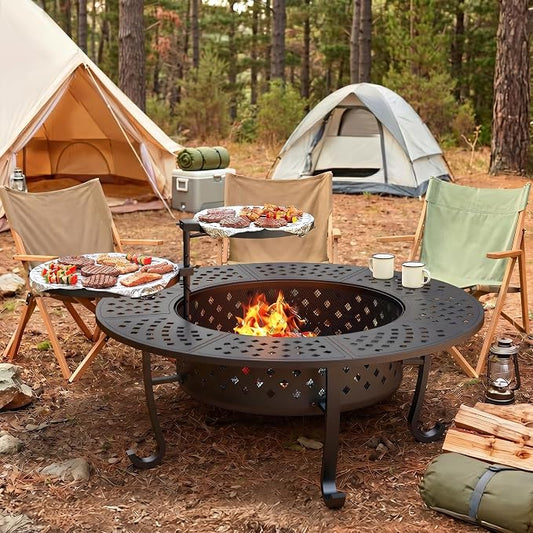 Outdoor Fire Pit, 48" Fire Pit for Outside Wood Burning with Adjustable 2 Grills, Firepit with Lid and Fire Poker, BBQ, Bonfire, Round Outdoor Fireplace 3 in 1 for Patio, Backyard, Garden, Camping