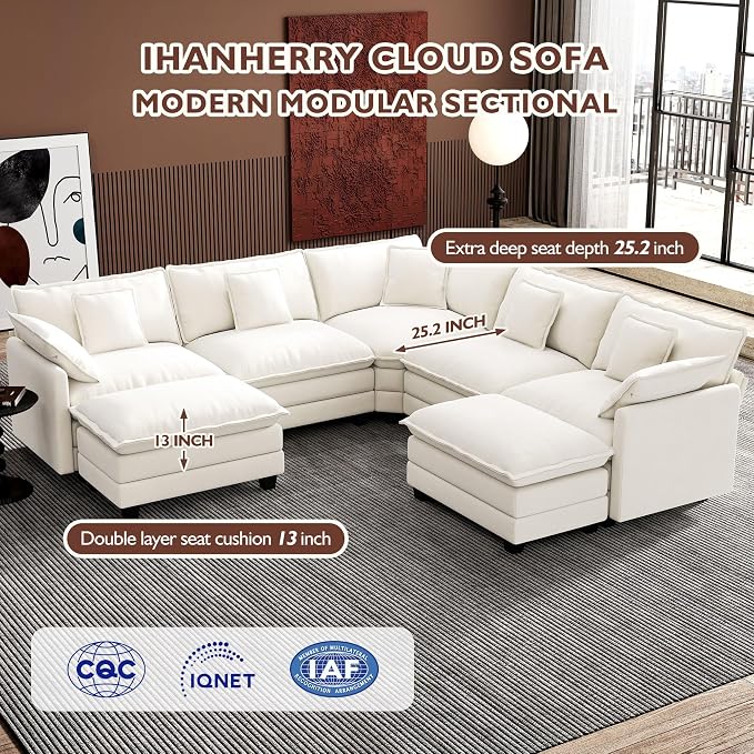 Ihanherry 114" V-Shaped Modern Sofa Modular Sectional Cloud Couch with 2 Ottoman, 7-Seat Chenille Deep Seat Sofa with Corner Section for Living Room, Bedroom and Apartment, Beige