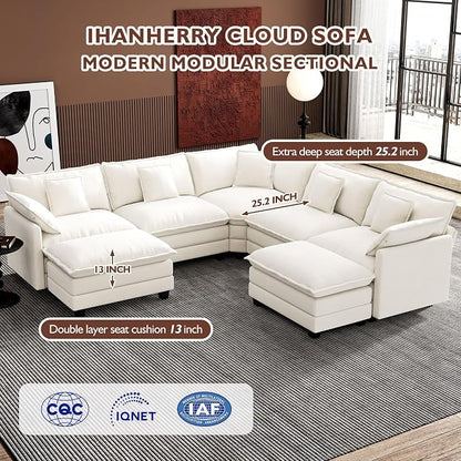 Ihanherry 114" V-Shaped Modern Sofa Modular Sectional Cloud Couch with 2 Ottoman, 7-Seat Chenille Deep Seat Sofa with Corner Section for Living Room, Bedroom and Apartment, Beige