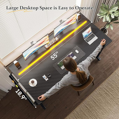 DurayLoly 55” Carbon Fiber Gaming Desk, IP65 RGB LED Computer Desk with Side Storage Bag & Headphone Hook, Sturdy Metal Frame Space Saving Home Office Desk for Teens Bedroom Dorm Study Gaming Room