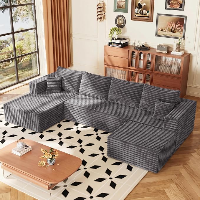 118" U Sectional Sofa, Boneless Compressed Sofa in a Box, U-Shaped Cloud Couch with Deep Seats & Chaise for Living Room, No Assembly Required (Drak Gray, 118" U-Shape with Left Facing Chiase)