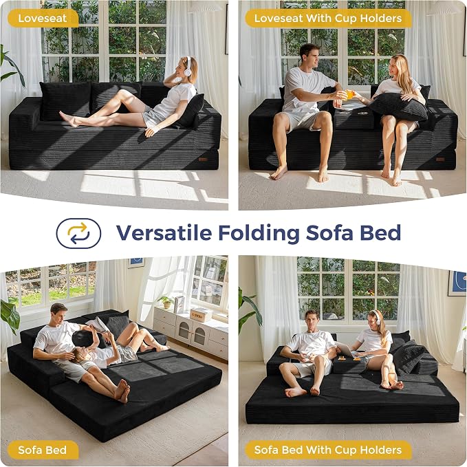 MAXYOYO Convertible Sofa Bed, 80" Oversized Boneless Loveseat Couch 4 in 1 Foldable Floor Sofa Couch in A Box with 2 Cup Holders, Folding Chair for Living Room, No Assembly Required, Black